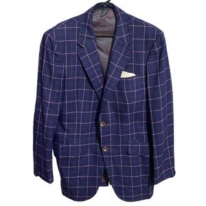 VTG Michaels/Stern 70s Mens Navy Sport Coat Windowpane Plaid Jacket Blazer Sz 43